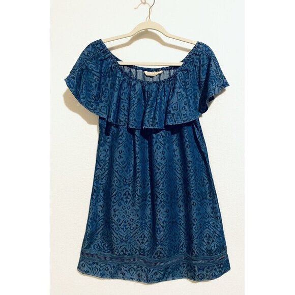 Soft Surroundings Dress Womens Small Blue Chambray Ikat Print Off The Shoulder - Picture 2 of 7